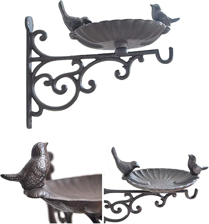 Outdoor Hanging Bracket with Bird Feeder - Cast Iron Hanger Wall Hook for Hanging Planters, Lanterns, Wind Chimes and More Garden Decorative Items, Wall Mounted Mini Bird Bath