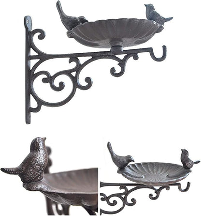 Outdoor Hanging Bracket with Bird Feeder - Cast Iron Hanger Wall Hook for Hanging Planters, Lanterns, Wind Chimes and More Garden Decorative Items, Wall Mounted Mini Bird Bath