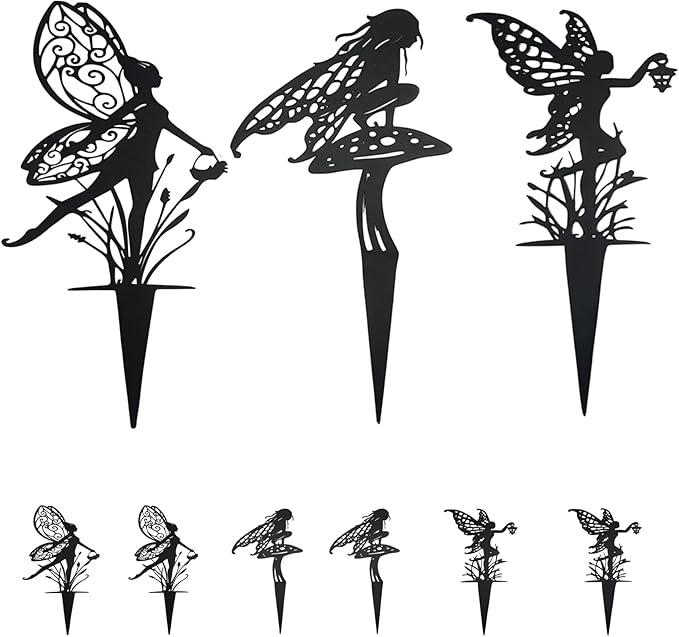 Decorative Garden Stakes， Fairy Garden Stakes, Butterfly Fairy Stakes for Weather Resistant Black Metal Outdoor Decorative Art for Women Gift (Matte Black, 9P-A)