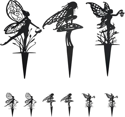 Decorative Garden Stakes， Fairy Garden Stakes, Butterfly Fairy Stakes for Weather Resistant Black Metal Outdoor Decorative Art for Women Gift (Matte Black, 9P-A)