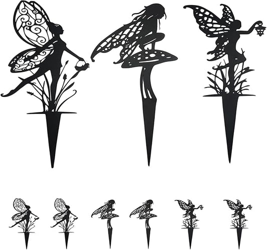 Decorative Garden Stakes， Fairy Garden Stakes, Butterfly Fairy Stakes for Weather Resistant Black Metal Outdoor Decorative Art for Women Gift (Matte Black, 9P-A)