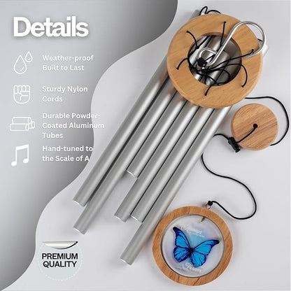 Wind Chimes for Outside, Wind Chimes Outdoor Clearance, Deep Tone Outdoors, Butterfly Wind Chime, Memorial, Sympathy Gift, Patio, Porch, Home Décor, Modern, Acrylic Art, Silver (34" Blue Butterfly)
