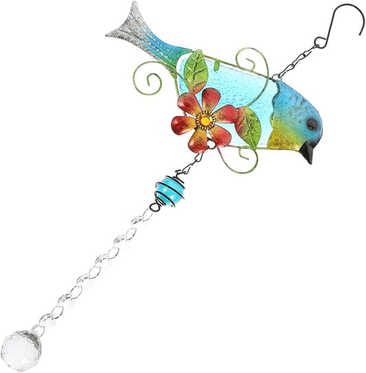 Glass Bird Statue Hanging Pendant Creative Songbird Sculpture with Lifelike Crystal Design Iron Garden Decor for Outdoor and Patio Decoration