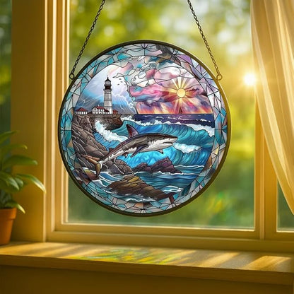 Stained Glass Window Hanging - Sunset Ocean Whale Sun Catchers Indoor Stained Glass Panels Wall Decor for Mom Wife Lovers Festive