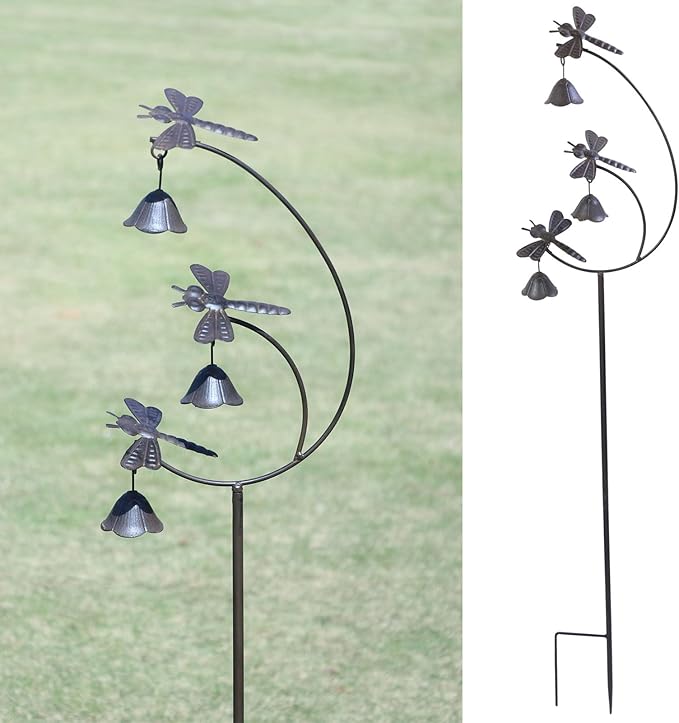 Gardens Metal Dragonfly with Bells for Outside Yard Art，Decorative Garden Stakes