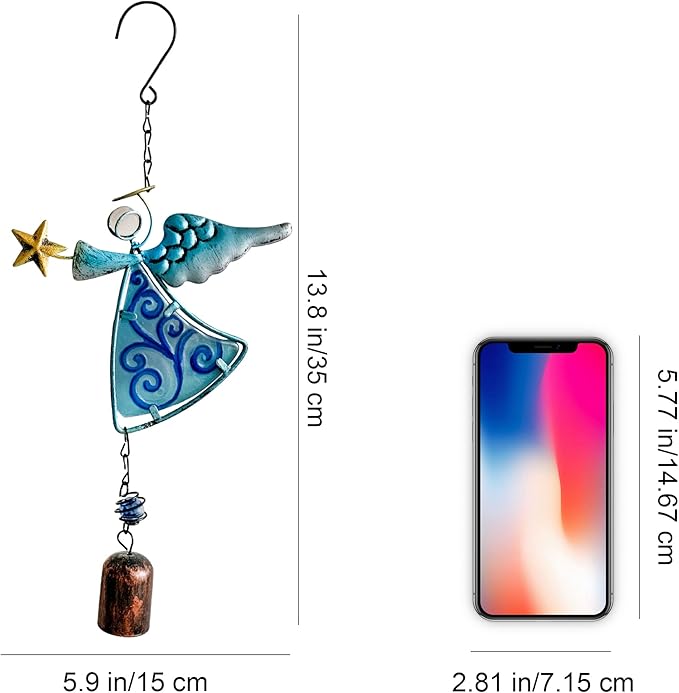 MrMrKura Metal Angel Wind Chime Hanging Decoration Ornament With Wing and Bell - Decorative Hanging Bells, Gifts for Home Garden Decor Crafts (Blue)