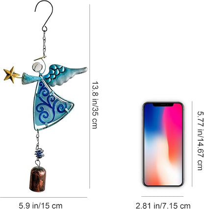 MrMrKura Metal Angel Wind Chime Hanging Decoration Ornament With Wing and Bell - Decorative Hanging Bells, Gifts for Home Garden Decor Crafts (Blue)