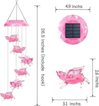Solar Wind Chimes for Outside- Pig Wind Chimes Pink,7 Colors Changing Outdoor Waterproof Flying Pig LED Wind Bell, Patio Garden Yard Decor (Mom, Women, Gardening Gifts)