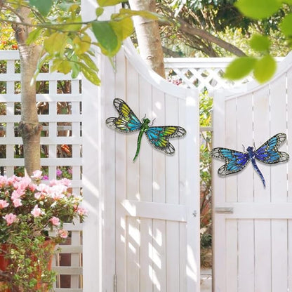 HONGLAND 2Pcs Metal Dragonfly Wall Decor Outdoor Dragonfly Wall Art Glass Sculpture for Home Garden Fence-Blue&Green