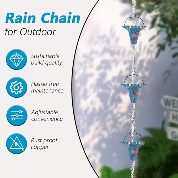 11.5 Ft Rain Chains for Gutters, Metal Rain Chain with 12 Funnel Cups, Rain Catcher Chain for Eaves Drainage, Adjustable Rainwater Chain for Outdoor Decor