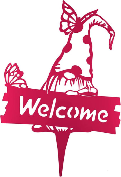 SteelFreak Gnome with Butterfly & Sign Metal Yard Stake Art (18 Inch, Pink) - Made in USA