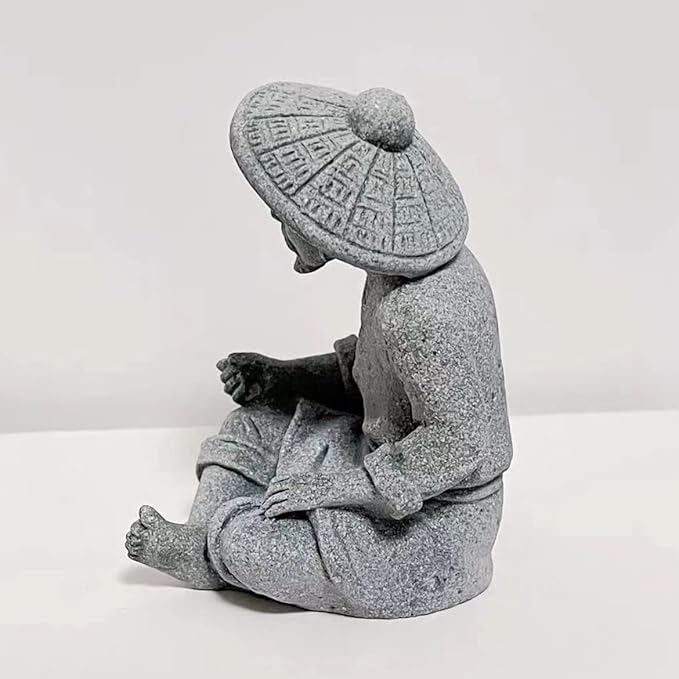 livelyfish Mini Fisherman Statue Asian Zen Decoration Sitting Fishing Figurines Sandstone Vintage Ornament for Aquarium Fish Tank Pot Garden Home Japanese Decor (A2)