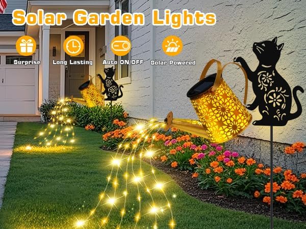 Garden Decor for Outdoor - Solar Watering Can with Lights, Metal Cat Silhouette Stake with Cascading Waterfall LEDs, Waterproof Yard Art for Lawn Patio, Unique Gardening Gifts for Women Mom 2 Pack