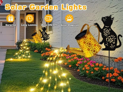Garden Decor for Outdoor - Solar Watering Can with Lights, Metal Cat Silhouette Stake with Cascading Waterfall LEDs, Waterproof Yard Art for Lawn Patio, Unique Gardening Gifts for Women Mom 2 Pack