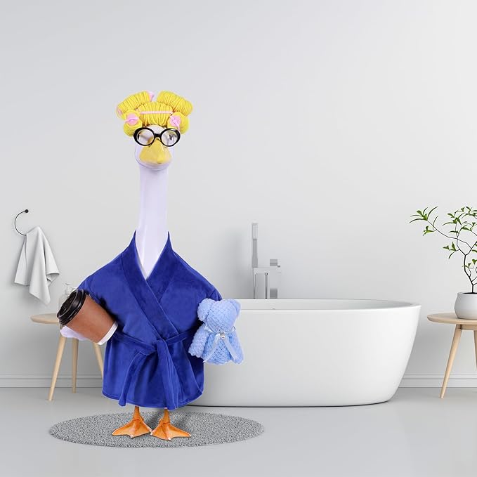 Lady Porch Goose Outfits,Bathrobe Porch Goose Statue Costume with Curlers Reading Glasses Coffee Cup Towel,Cute Goose Clothes for 23-Inch Cement or Plastic Statue,Lawn Yard Garden Patio Decor(Purple)