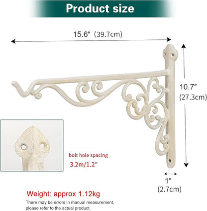 Sungmor Decorative Cast Iron Hanging Bracket - 15.6" Thickened Outdoor Metal Plant Hangers, Vintage Scroll Design for Signs, Planters, Lanterns, Bird Feeders - 2 Pack Heavy Duty Wall Hooks, White