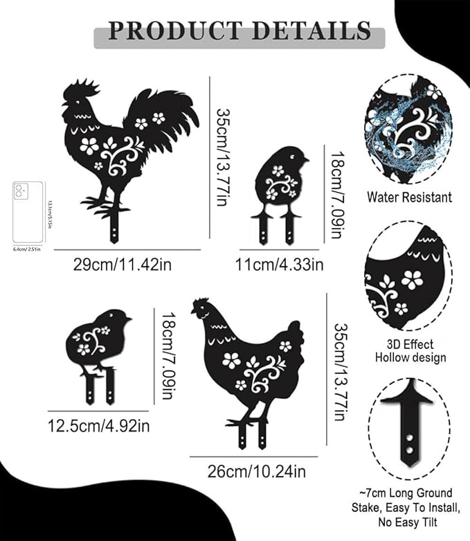 4 Pack Metal Yard Stake Decor, Weather-Proof Chicken Decor, Rooster Hen Chicks Silhouette Garden Sculptures & Statues Stakes for Outdoor Lawn, Patio, Flower Beds, Ideal Gardening & Country Gifts