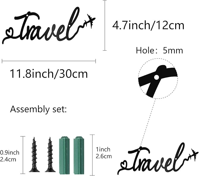 CREATCABIN Travel Metal Wall Art Decor Black Wall Silhouette Hanging Decor Iron Wire Art Word Sculpture Decoration Sign Cutout Minimalist Airplane Ornament for Traveler Farmhouse Gift 5 x 12Inch