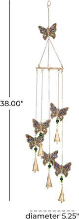 Deco 79 Metal Embellished Butterfly Windchime with Glass Beads and Cone Bells, 5" x 5" x 39", Gold