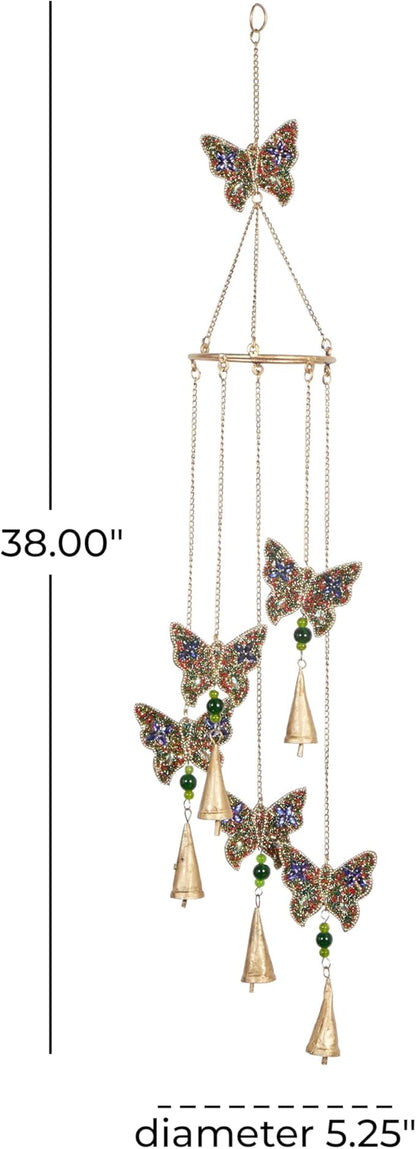 Deco 79 Metal Embellished Butterfly Windchime with Glass Beads and Cone Bells, 5" x 5" x 39", Gold