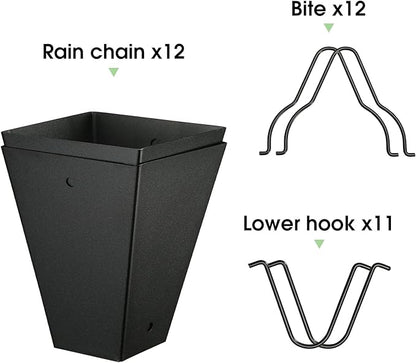 TE DEUM Square Link Rain Chain, 8.5 Feet Length, 3.7inch Big Size Cup, Black Powder Coated, Functional and Decorative Replacement for Gutter Downspouts, V Gutter Clip Included, Black