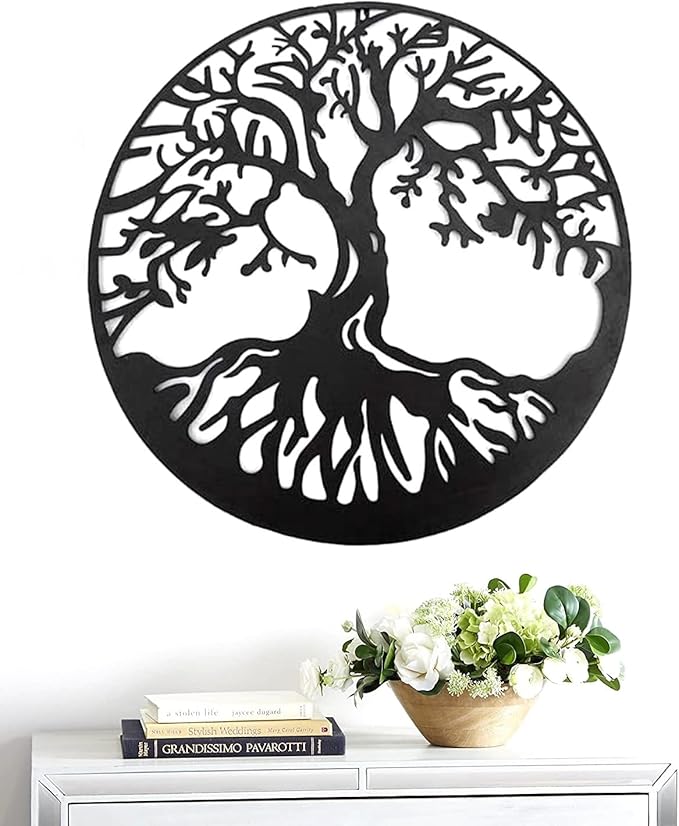 Bellaa 20230 Metal Wall Art Tree Circle Of Life Round Hanging Sculptures Indoor Living Room Outdoor Garden Patio Decor Black 24 inch