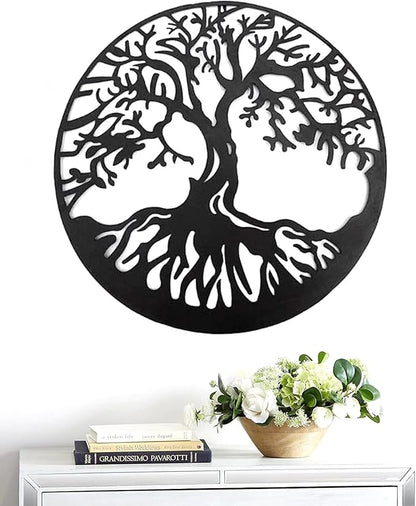 Bellaa 20230 Metal Wall Art Tree Circle Of Life Round Hanging Sculptures Indoor Living Room Outdoor Garden Patio Decor Black 24 inch