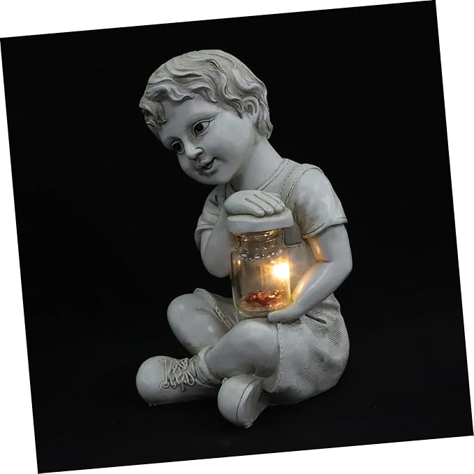 Resin Solar Sculpture with Jar Decor Outdoor Figurine Solar Powered Ornament for Flowerbed Statue for Parties and Lawn Decor