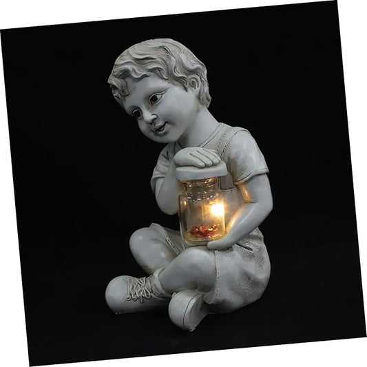 Resin Solar Sculpture with Jar Decor Outdoor Figurine Solar Powered Ornament for Flowerbed Statue for Parties and Lawn Decor