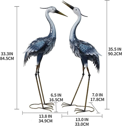 33-35 Inch Blue Heron Garden Statues, Metal Cranes Sculptures Outdoor, Bird Statues Set of 2