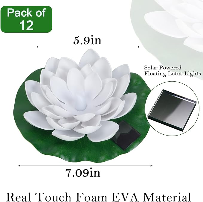 12 PCS Solar Powered Floating Lotus Lights - 7.09'' Waterproof Floating Flower Light, Solar Water Activated Colorful Pool Lotus Lamp for Garden Pond Wedding Anniversary Party Decor (Multicolor)
