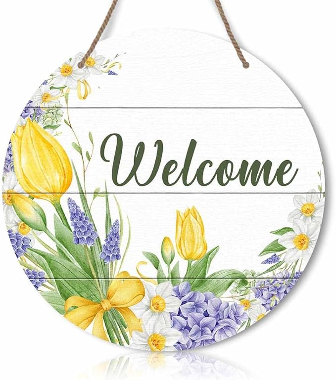 Round Rustic Wood Sign Plaque Welcome Tulip Flower Hand-Painted Vintage Wall Art Cute Wooden Hanging Sign Decor for Home Kitchen Farmhouse Garden Front Door Entryway Porch Yard 12 Inch