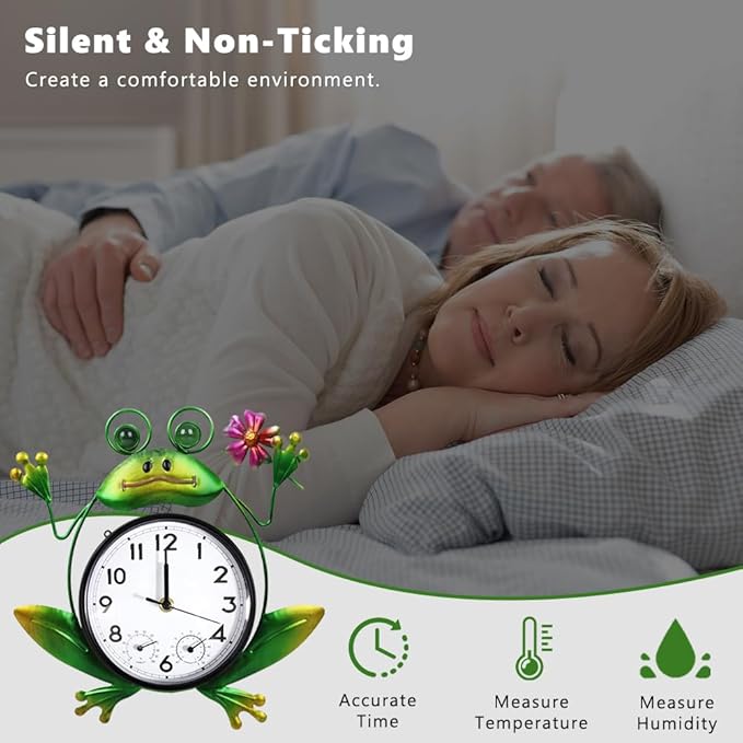 Outdoor Clock Silent Non-Ticking, Frog Outdoor Wall Clock with Thermometer & Humidity Decorative Outdoor Clocks for Patio, Garden, Home Decor