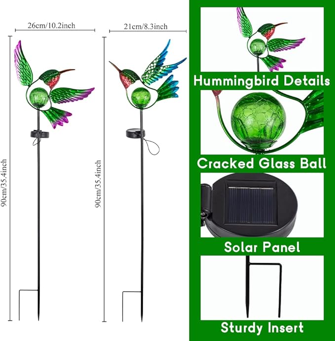 Hummingbird Solar Garden Lights with Stake 2 Pack,Bird Pathway Solar Outdoor Crackle Glass Globe Light for Garden,Walkway,Pathway,Yard,Lawn