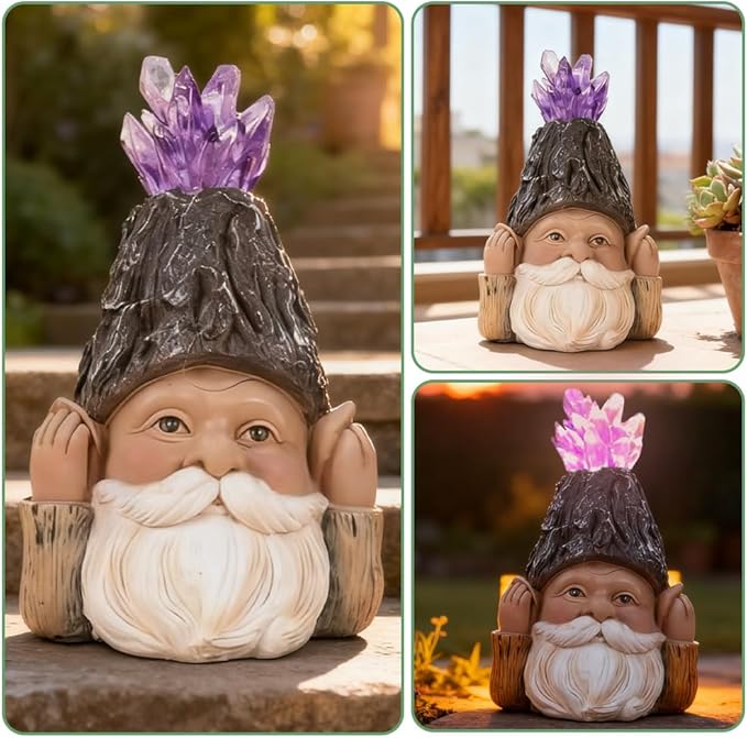 Solar Gnome Decoration with LED Solar Light, Handcrafted Resin Garden Gnome Lamp Amethyst Crystal Figurine for Yard Porch Home Decor, Perfect Present for Gardeners & Garden Aesthetic Lovers