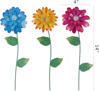 TZSSP 3-Pack Floral Garden Stakes Decor Tricolor Outdoor Glow in Dark,14 inch Metal Flowers Outdoor Decor Waterproof Metal Flower Sticks for Patio, Lawn, Yard Decorations