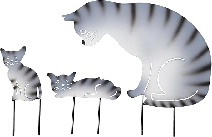 3 Pack Metal Cat Family Garden Statues, Outdoor Decorative Silhouette Stakes for Yard and Patio Lawn Ornaments - Animal Sculpture Art (Grey)