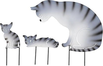 3 Pack Metal Cat Family Garden Statues, Outdoor Decorative Silhouette Stakes for Yard and Patio Lawn Ornaments - Animal Sculpture Art (Grey)