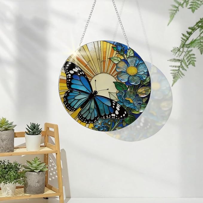 Butterfly Flower Suncatcher, Blue Flower Window Wall Art, Acrylic Sun Catcher for Window Door Hanging, Home Garden Decors, Mother's Day Christmas Festival Gift for Women Mom Grandma