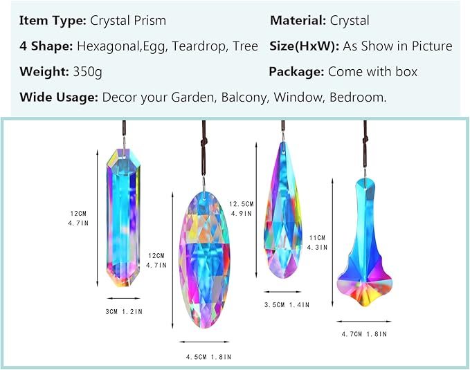 H&D HYALINE & DORA Crystal Suncatcher Hanging Prisms Pendant, Rainbow Chandelier Prisms Window Garden Decor Ornaments, Pack of 4
