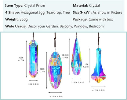 H&D HYALINE & DORA Crystal Suncatcher Hanging Prisms Pendant, Rainbow Chandelier Prisms Window Garden Decor Ornaments, Pack of 4