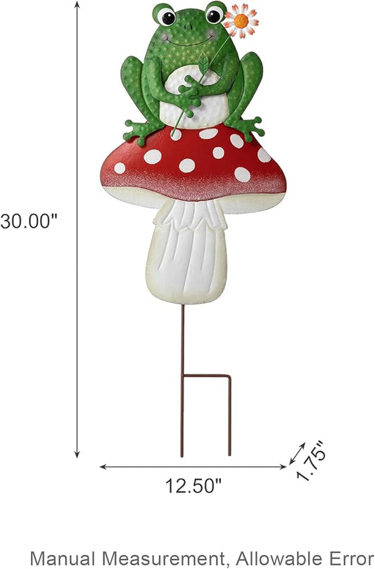 Glitzhome Mushroom and Frog Garden Yard Stake, 30 ”H Metal Stacked Yard Patio Charming Stake Powder-Coated Vibrant Finish Lifelike 2-in-1 Design Ornament Detachable Lawn Wall and Floor Decoration