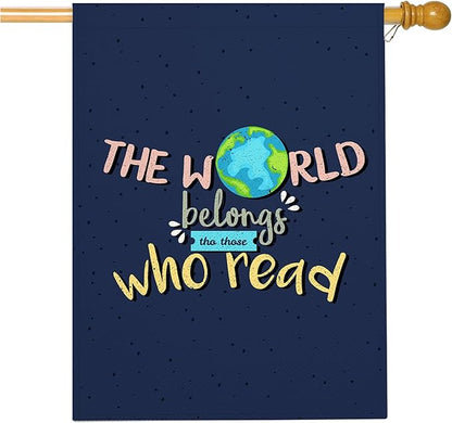 Mugod The World Belongs Who Read House Flag Double Sided 28 x 40, Knowledge Motivational Quote Word Navy Blue Burlap Large Flag House Seasonal Farmhouse Outside Outdoor Decoration