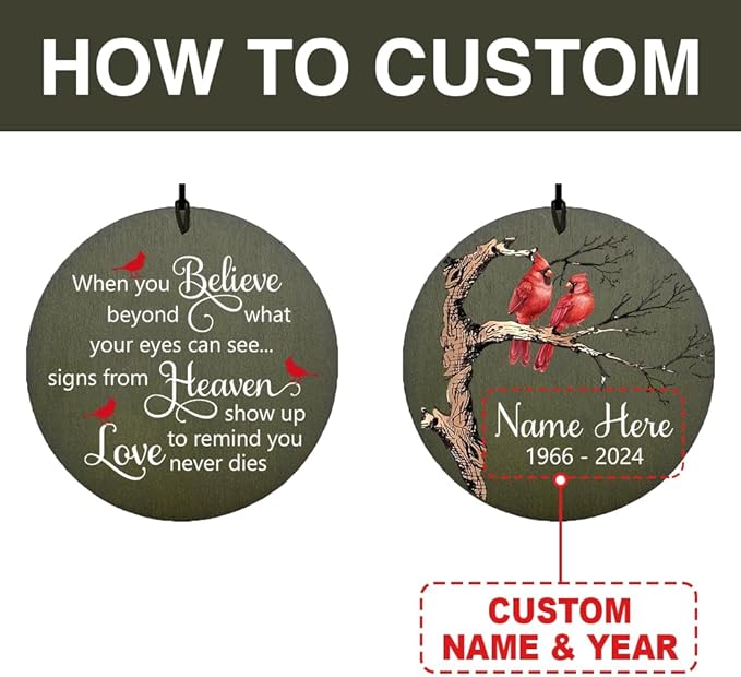 Personalized Memorial Wind Chimes, 36inch Cardinal Sympathy Wind Chimes, in Memory for Loss of Loved Dad/Mom/Ones, Bereavement Gifts, Deep Tone Wind Chime Outdoor (Produced in USA)