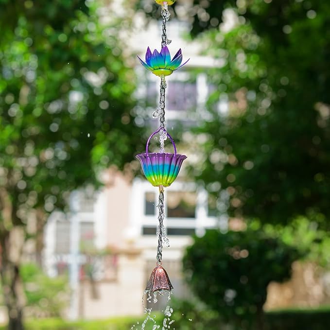 9.97ft Lotus Rain Chain for Outside, Metal Rain Chain with 16 Cups, Adjustable Rain Catcher Chain for Outside, Replacement Downspout for Gutters, Eaves, Drainage