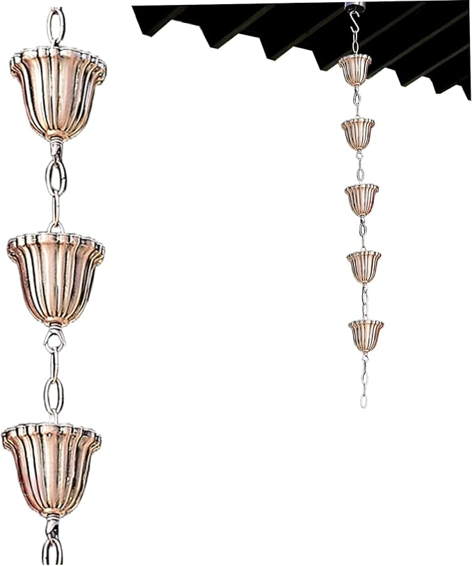 Copper Rain Chain 39in Japanese Movable Hanging Rain Chains with 5 Cups Building Protection Rustproof Decorative Outdoor Garden Catcher, Décor de pelouse