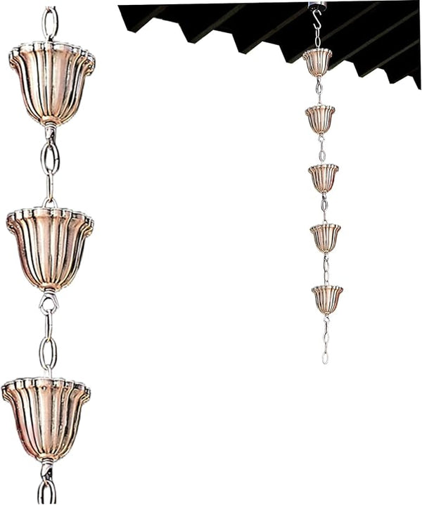 Copper Rain Chain 39in Japanese Movable Hanging Rain Chains with 5 Cups Building Protection Rustproof Decorative Outdoor Garden Catcher, Décor de pelouse