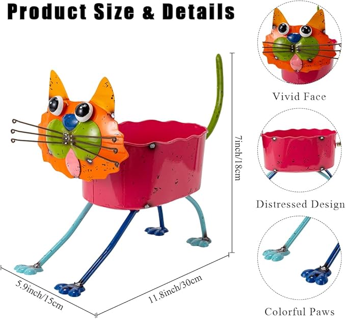 Oak & Lore Whimsical Metal Cat Garden Statues, Colorful Cartoon Cat Garden Sculptures & Statues with Planters for Patio Lawn & Yard Art Decor