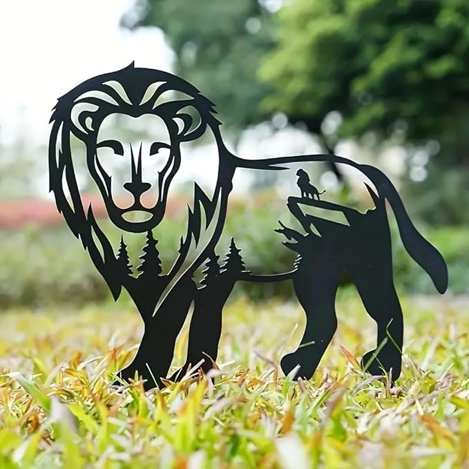 Garden Decorations Lion Metal Art Stake - Black Silhouette with Pine Tree Figure Design, Freestanding Outdoor Lawn Ornament for Yard Independence Day Decor - 38x35cm, Metal Statue