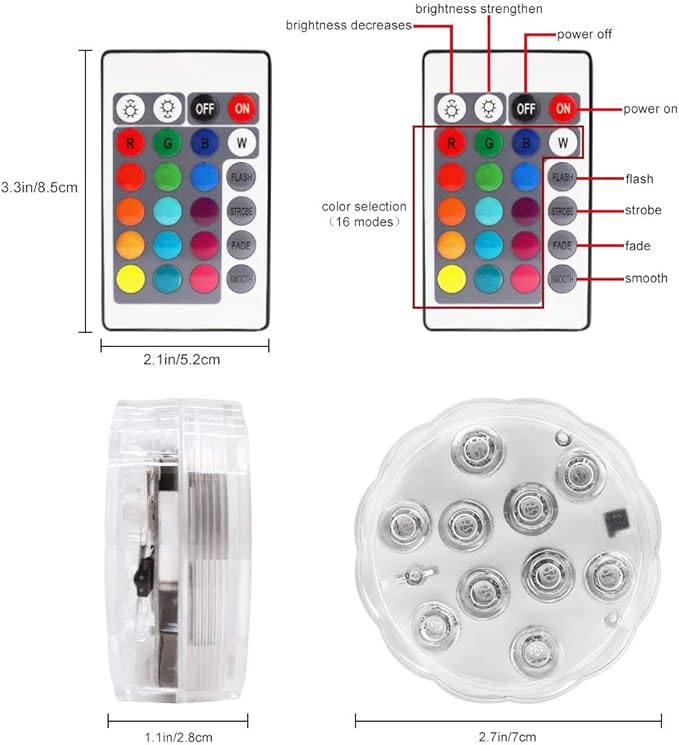 Submersible Led Lights with Remotes - 2 Packs Waterproof Submersible Pool Lights Battery Operated, Underwater Pond Lights RGB Multi-Color Pool Lights for Founttain Pond Garden Bath Wedding Shower